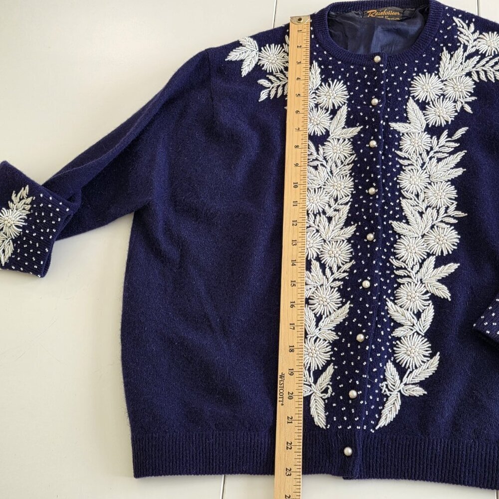 Vtg Embellished Beaded 1960s Cardigan Womens 44 L Blue Lined Floral Art To Wear - Picture 8 of 16